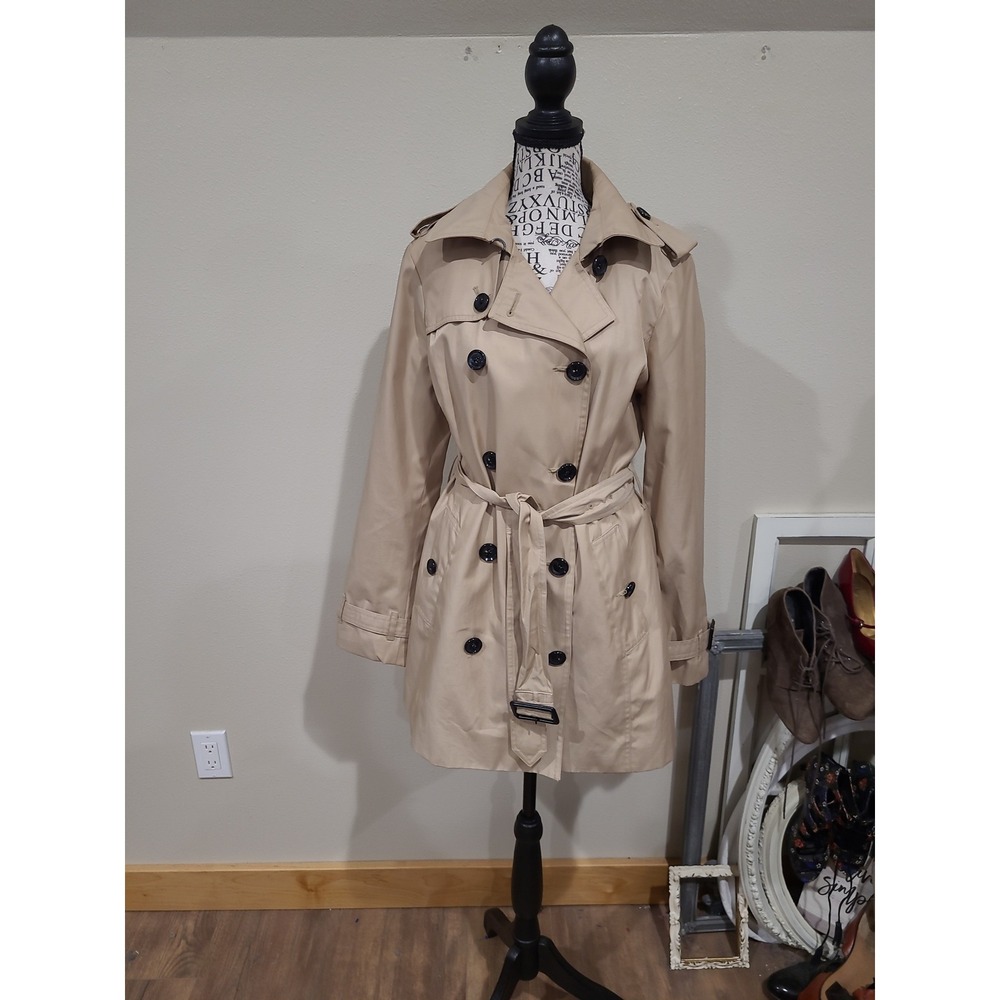 Michael Kors Women SZ M dbl Breast Trench Coat Tan contemporary preppy classic
